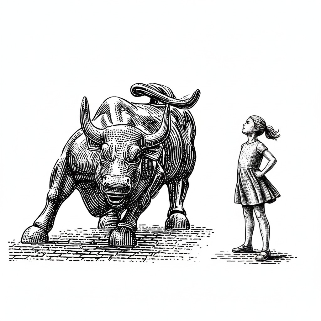 Ilustração em estilo gravura: touro e menina em fundo de paralelepípedos.